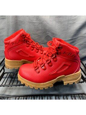 NEW FILA Boy's Faux-Leather Diviner MC7 Red/Gum Hiking Boot Sz 12C